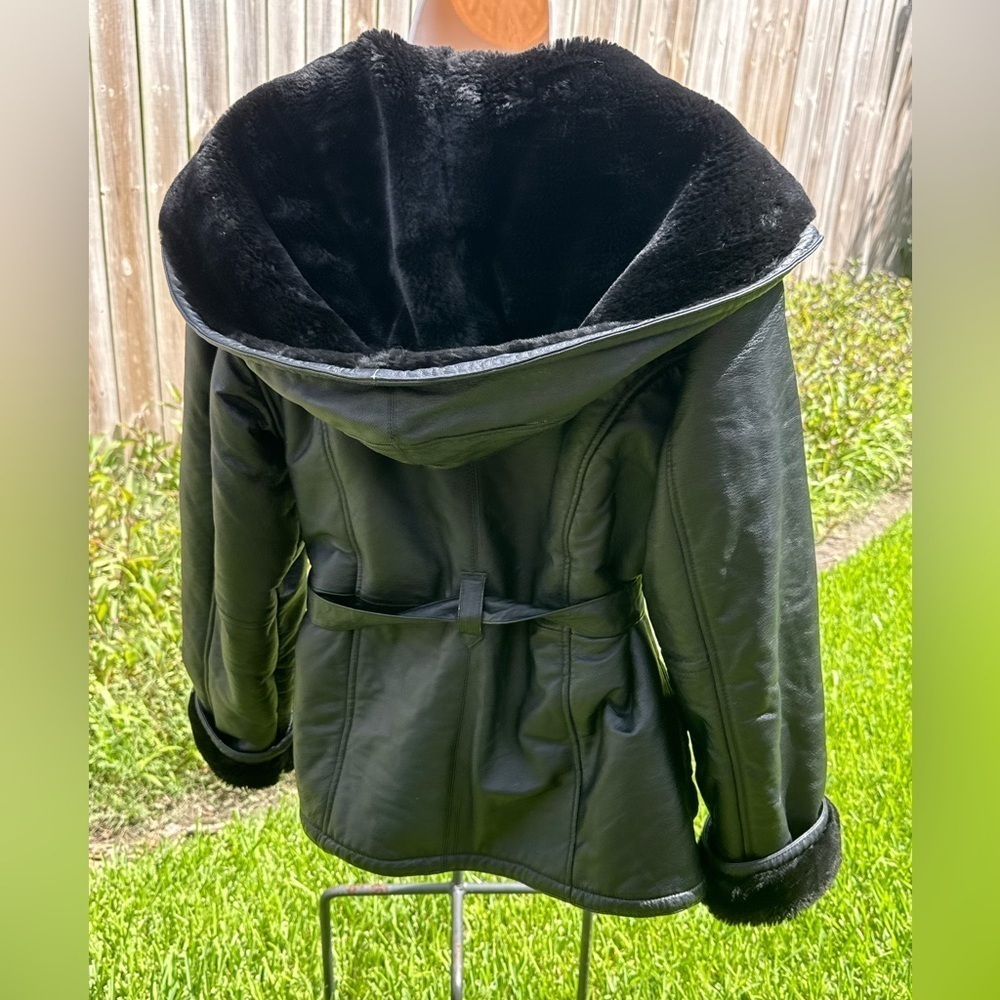 Y2K Wilsons Leather Faux Fur Lined Hooded Belted Coat Hollywood Glam Mob Wife - Picture 7 of 15